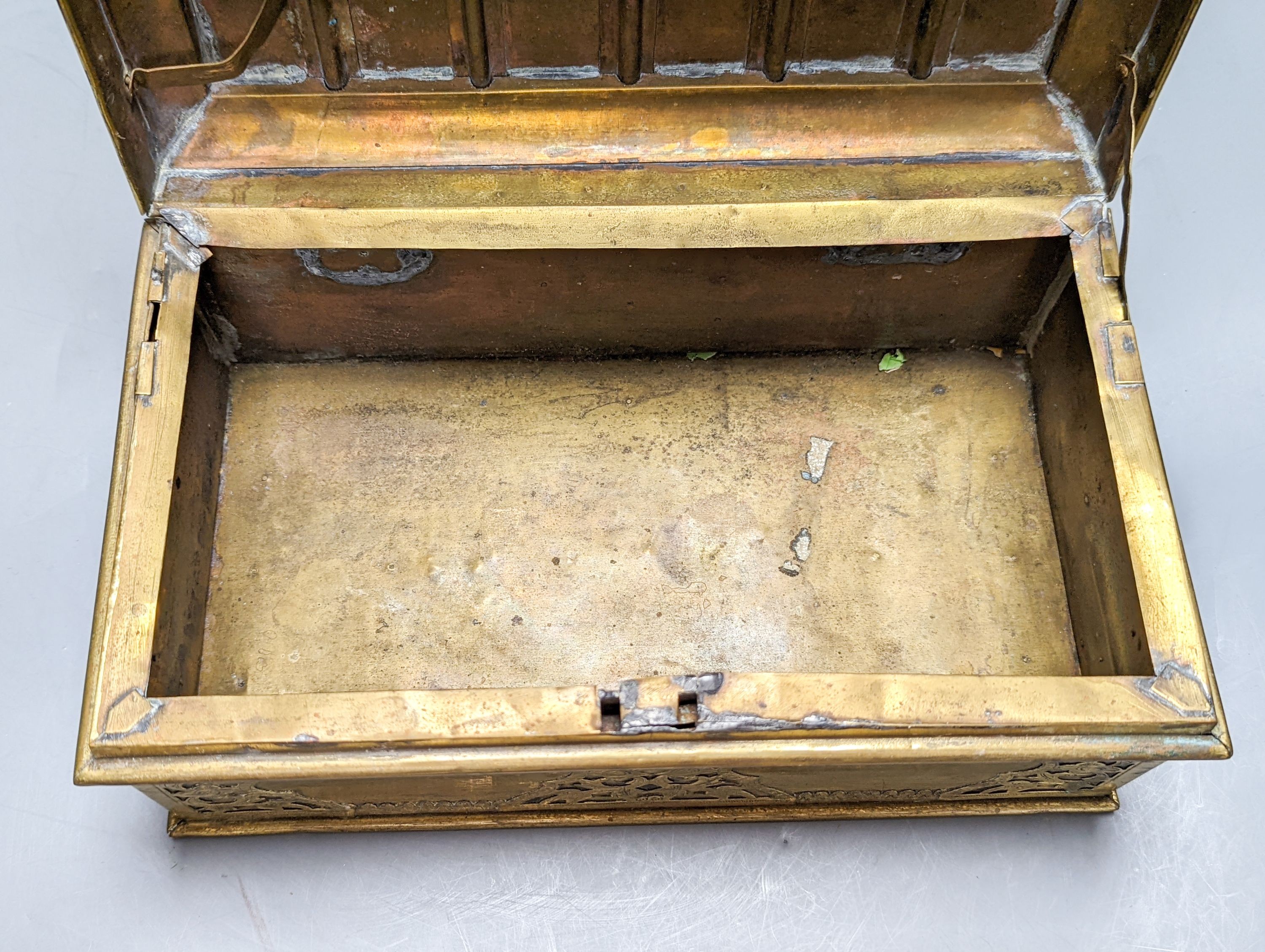 A Middle Eastern engraved brass box 30cm